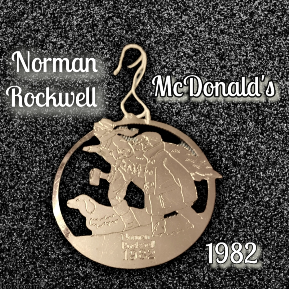 Vtg 82 McDonald's Norman Rockwell Christmas Ornament Girl Boy Dog Ax Winter